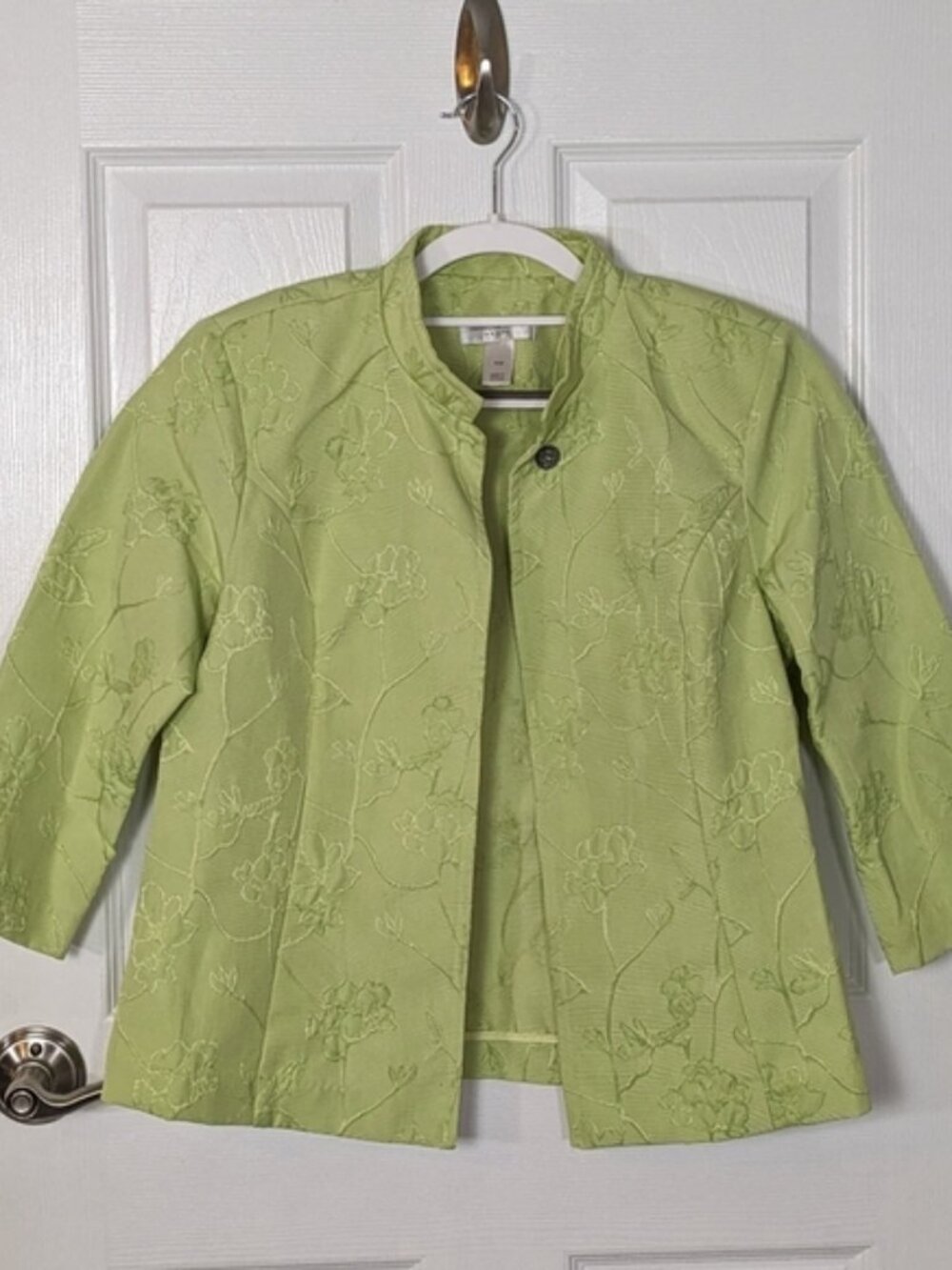Christopher & Banks Petite Green‎ Embroidered Floral Open Front Jacket Size M